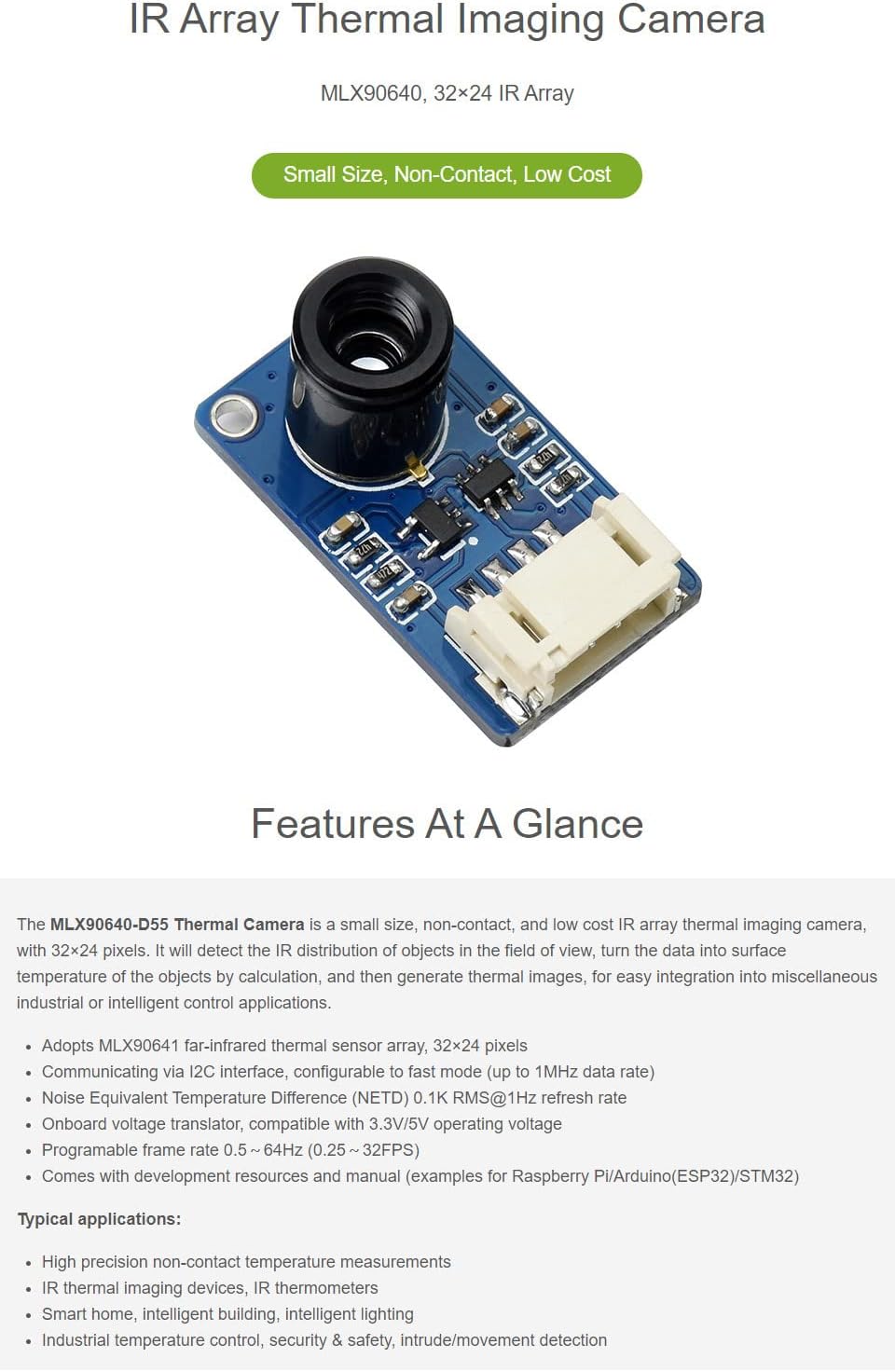 Waveshare MLX90640 IR Array Thermal Imaging Camera with 32×24 Pixels 55° Field of View Communicating