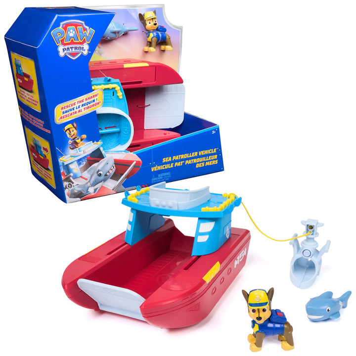 AW Patrol – Sea Patroller Rettungsboot mit Chase Figur und Hai, ca. 23 cm, 2 Einsatzmodi Wasser & La