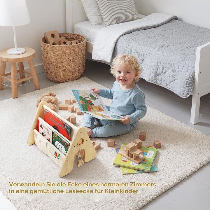 Bücherregal Kinder mit Doppelter Seite, Dreieckige Kinderregal 4-stöckig Montessori Regal für Kinder