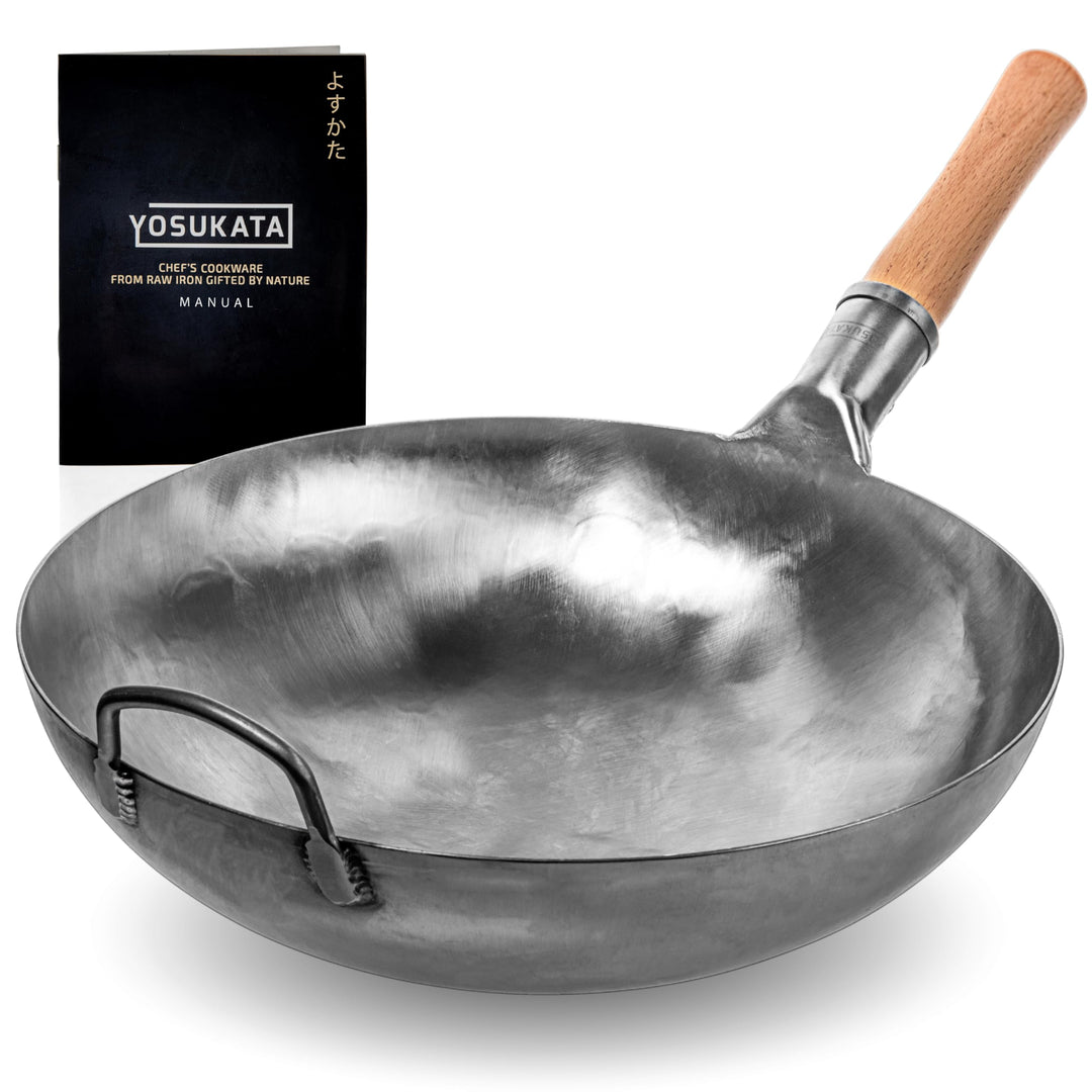 YOSUKATA Karbonstahl Woks & Wokpfannen - 36 cm Handgehämmerter Wok Pfanne Carbonstahl Runder Boden -