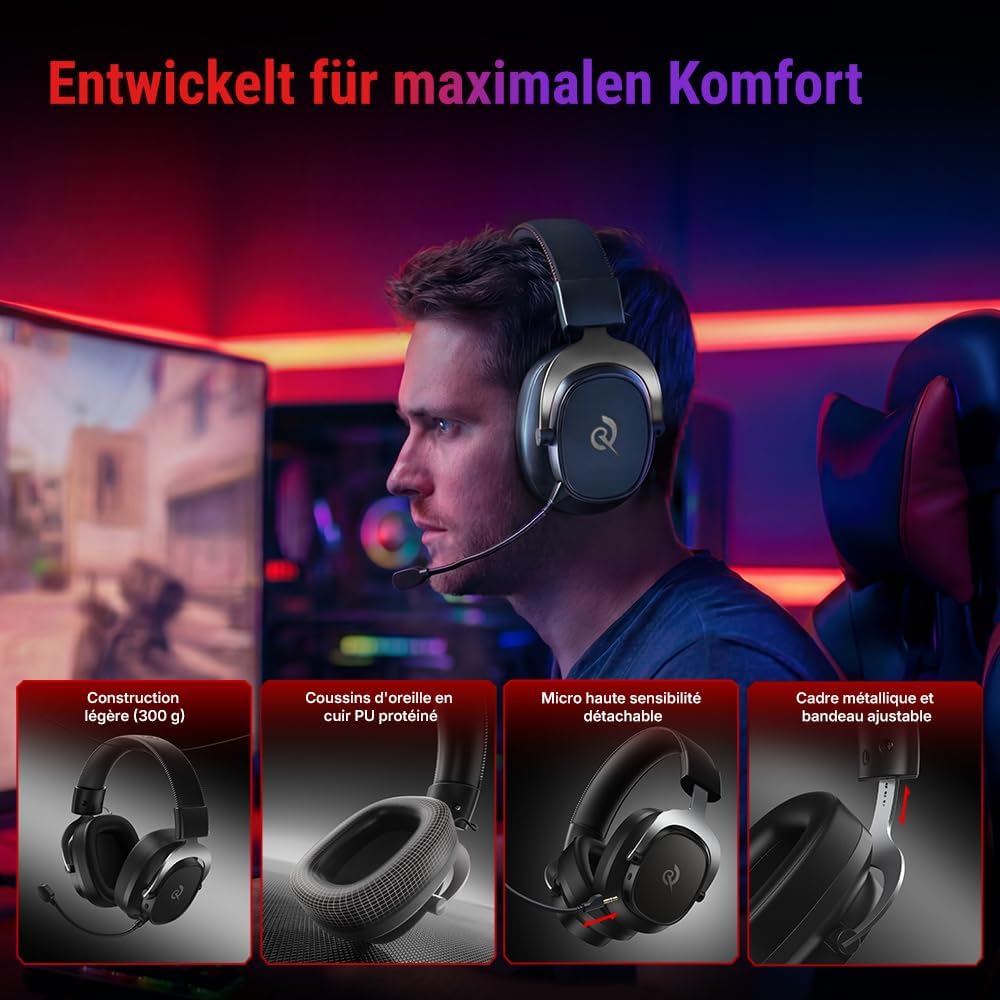 QCY Heroad VT200 Gaming Headset Wireless,2.4Ghz kabellos Headset Mit Mikrofon,7.1 Surround Sound,Blu