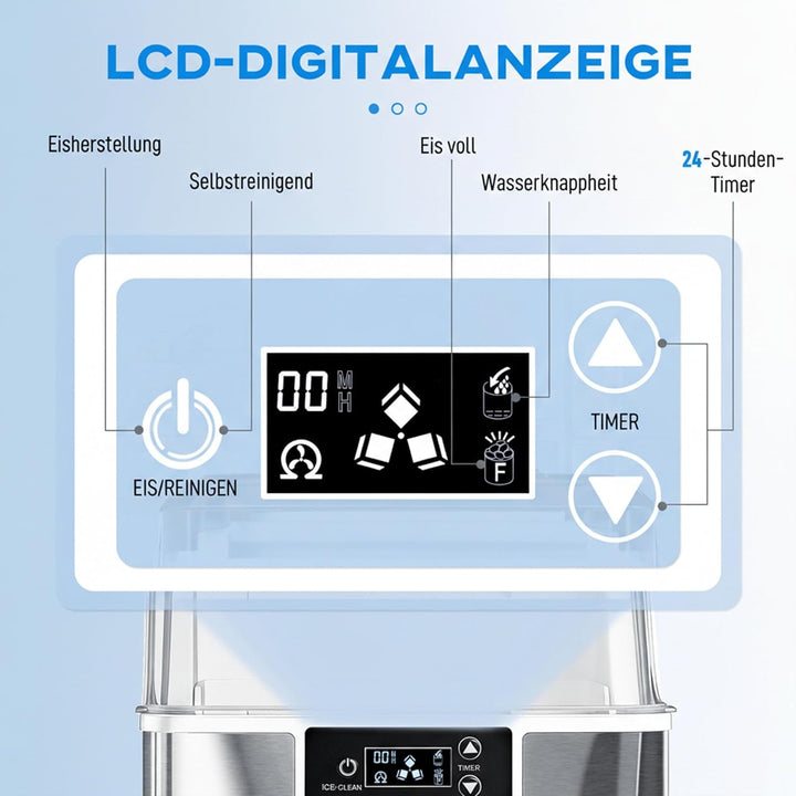 HOMCOM Eiswürfelmaschine Edelstahl, Ice Maker mit 24 Eiswürfeln pro Durchgang, 20kg/24h, 2,1L Wasser