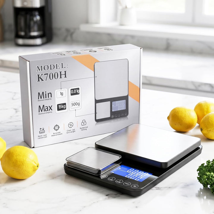 Digitale Küchenwaage mit Dualer Wiegefläche, 15kg/1g & 500g/0.01g Präzisionswaage, Tara & Summierung
