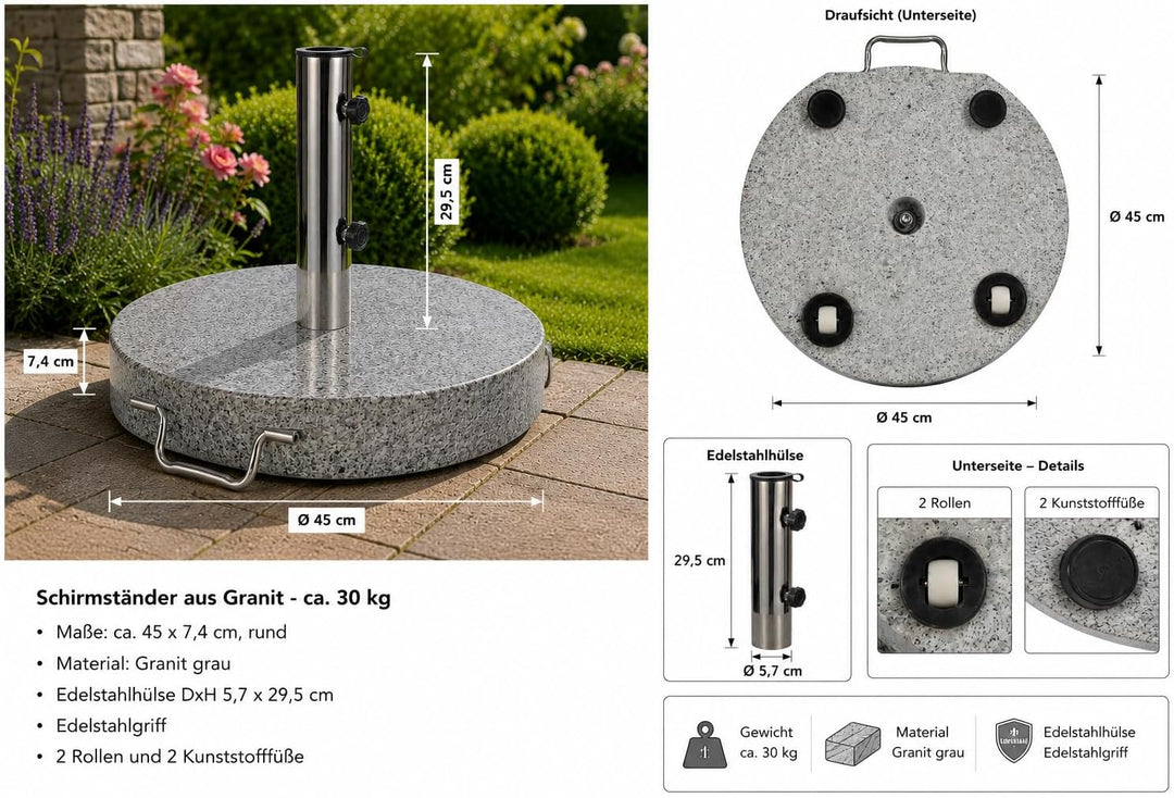 DIES&DAS Schirmständer aus Granit, Sonnenschirmständer rund, 45cm, 30kg, Edelstahlgriff, 2 Rollen fü