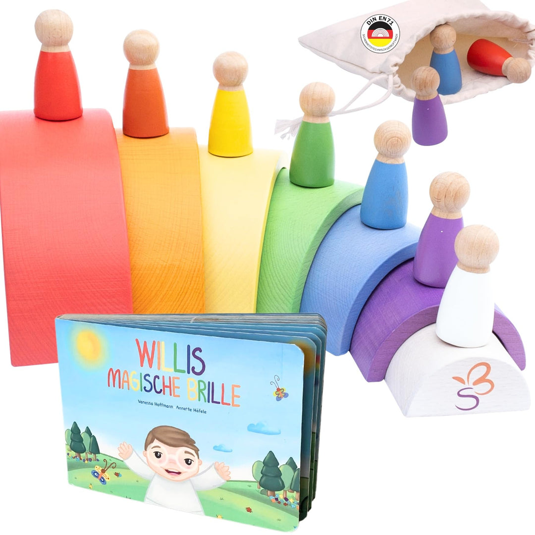 Montessori Holz-Regenbogen aus Buchenholz mit Figuren & Buch – pädagogisch wertvolles Lernspielzeug