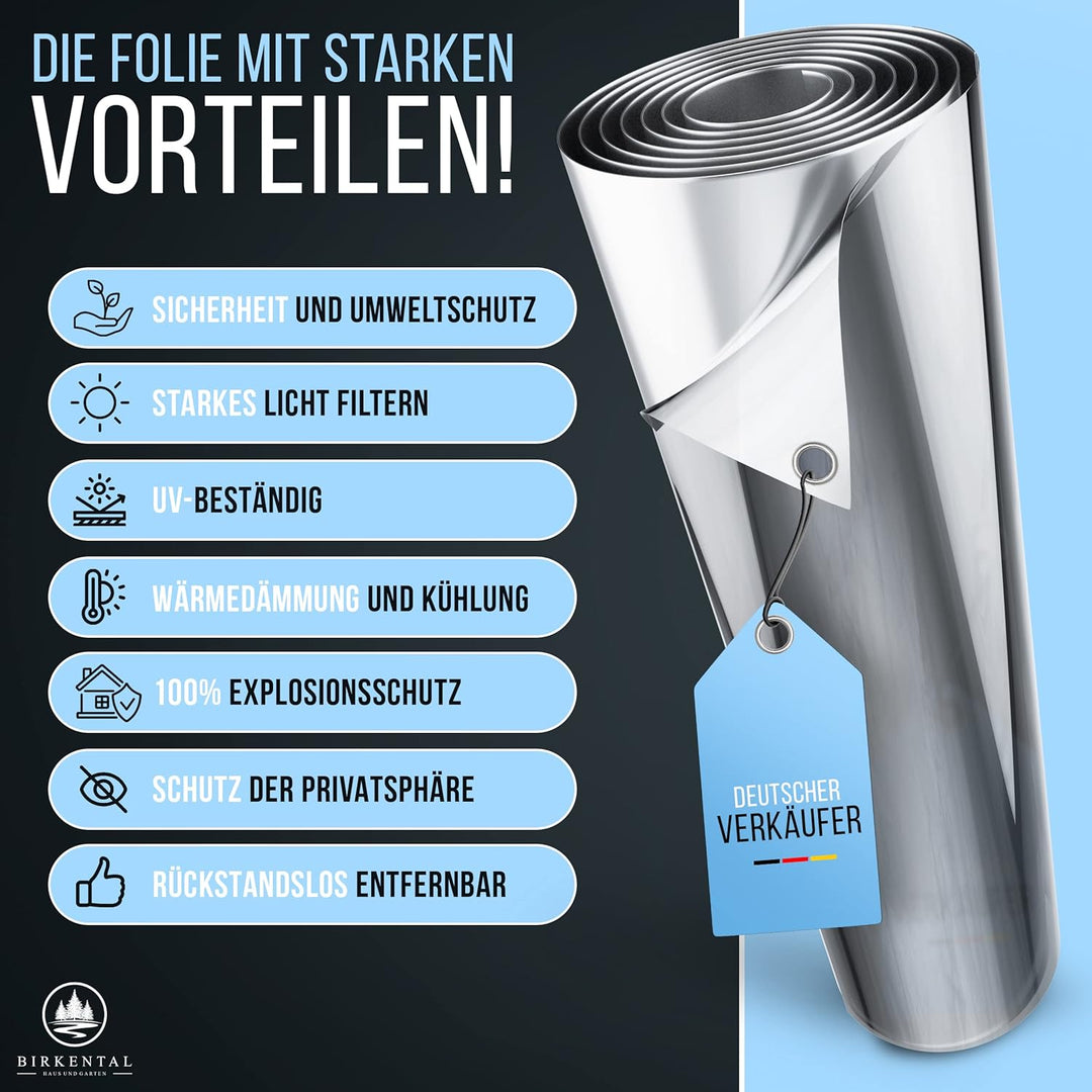 Birkental Sonnenschutzfolie Fenster innen oder aussen - UV Schutz Spiegelfolie - Hitzefolie - Fenste