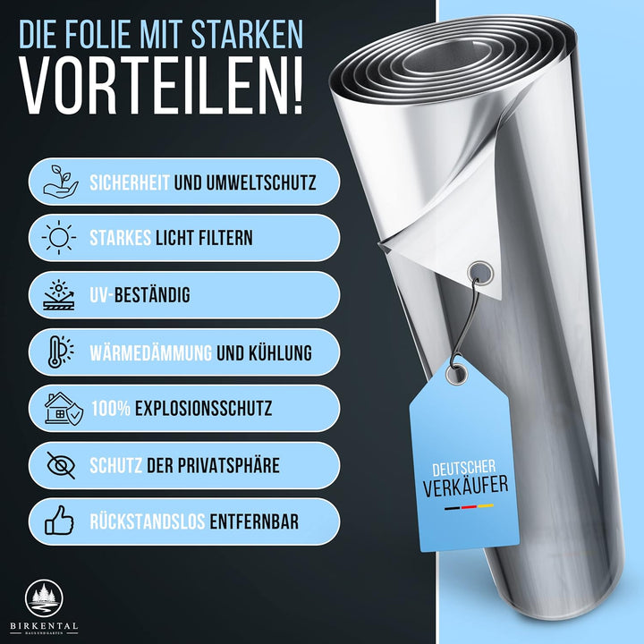 Birkental Sonnenschutzfolie Fenster innen oder aussen - UV Schutz Spiegelfolie - Hitzefolie - Fenste
