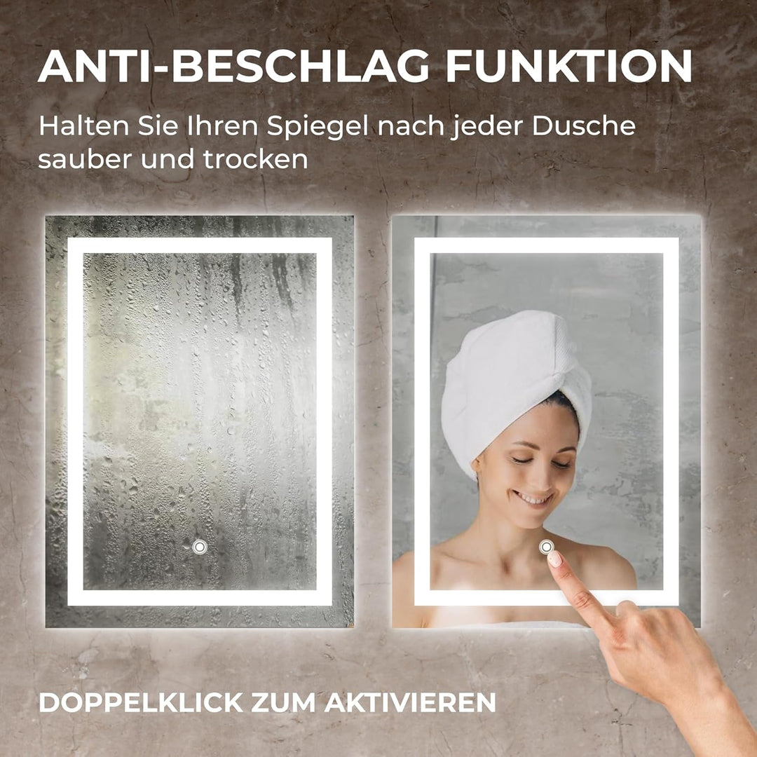 BR Bringer LED Badspiegel - 50x70 cm - Badezimmerspiegel mit Beleuchtung und Anti-Beschlag Funktion