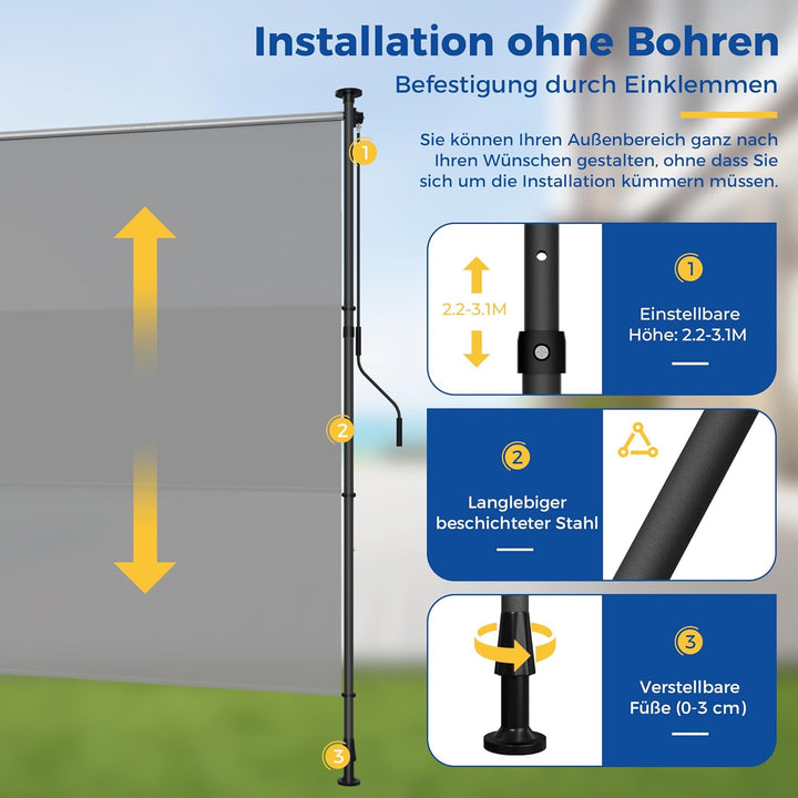 HOMEDEMO Senkrechtmarkise Aussen, Vertikalmarkise ohne Bohren, Balkonrollo mit Handkurbel, Sichtschu