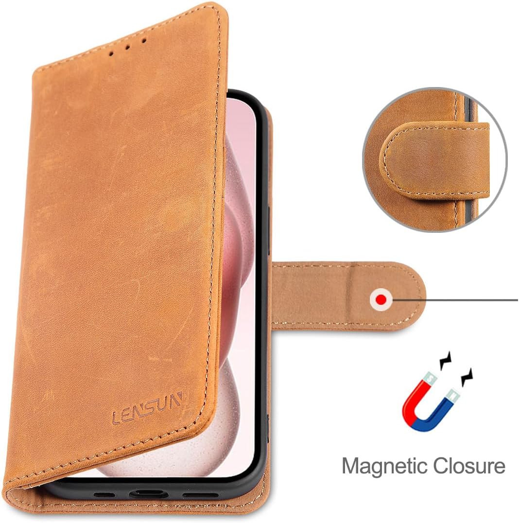 LENSUN Echtleder Hülle für iPhone 15, Handyhülle [Echtes Leder][Kartenfach][RFID Schutz] Handytasche