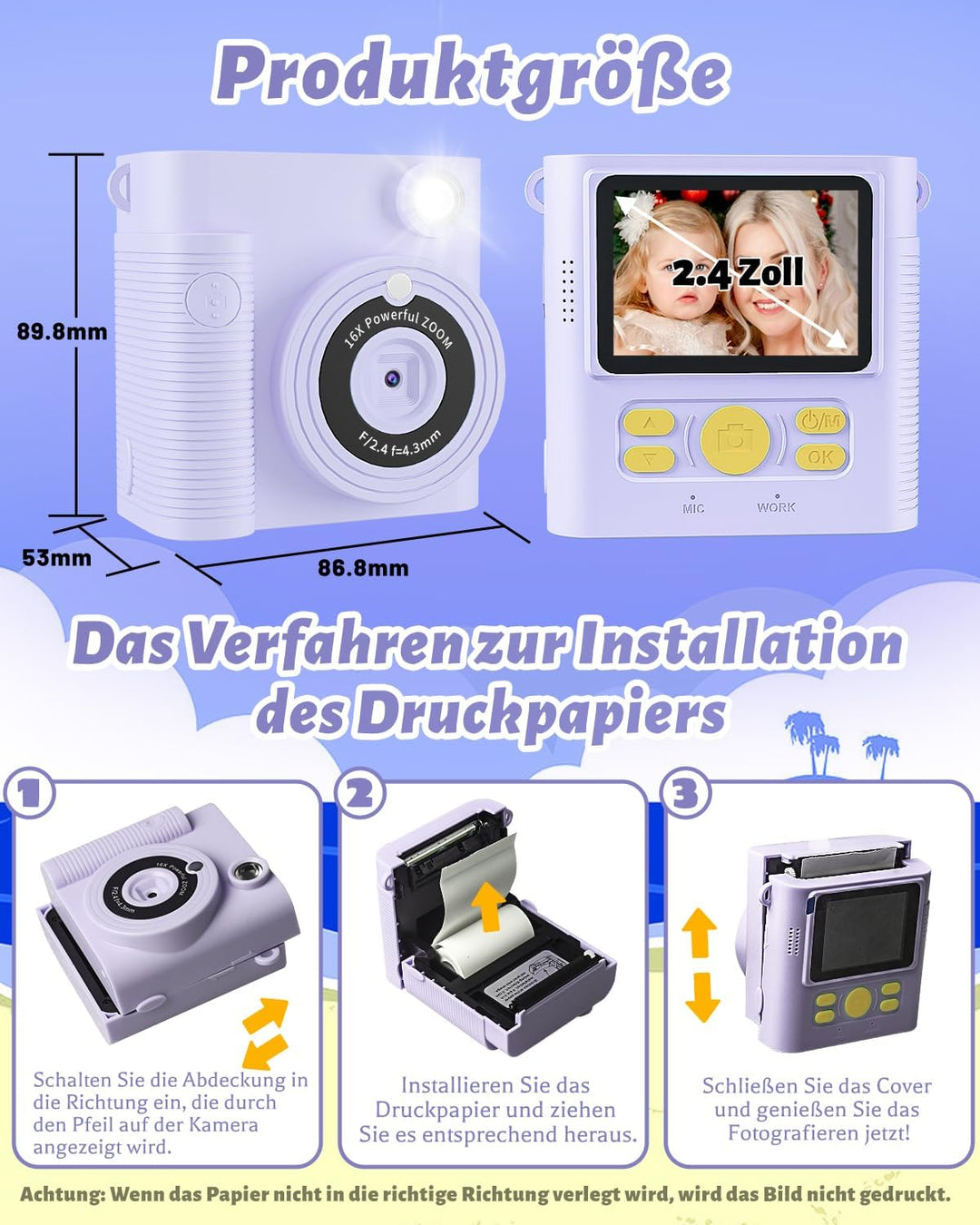 CKATE Kinder Fotokamera Sofortdruck, Kinder Kamera mit 2 Shutters, 1080P HD Sofortbildkamera 32G SD