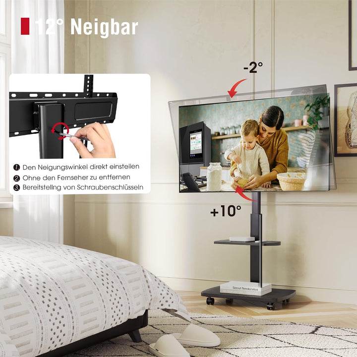 AOKCOS TV Ständer Rollbar mit Holzablage Regal, Fernsehständer auf Rollen für 32-65 Zoll Fernseher,