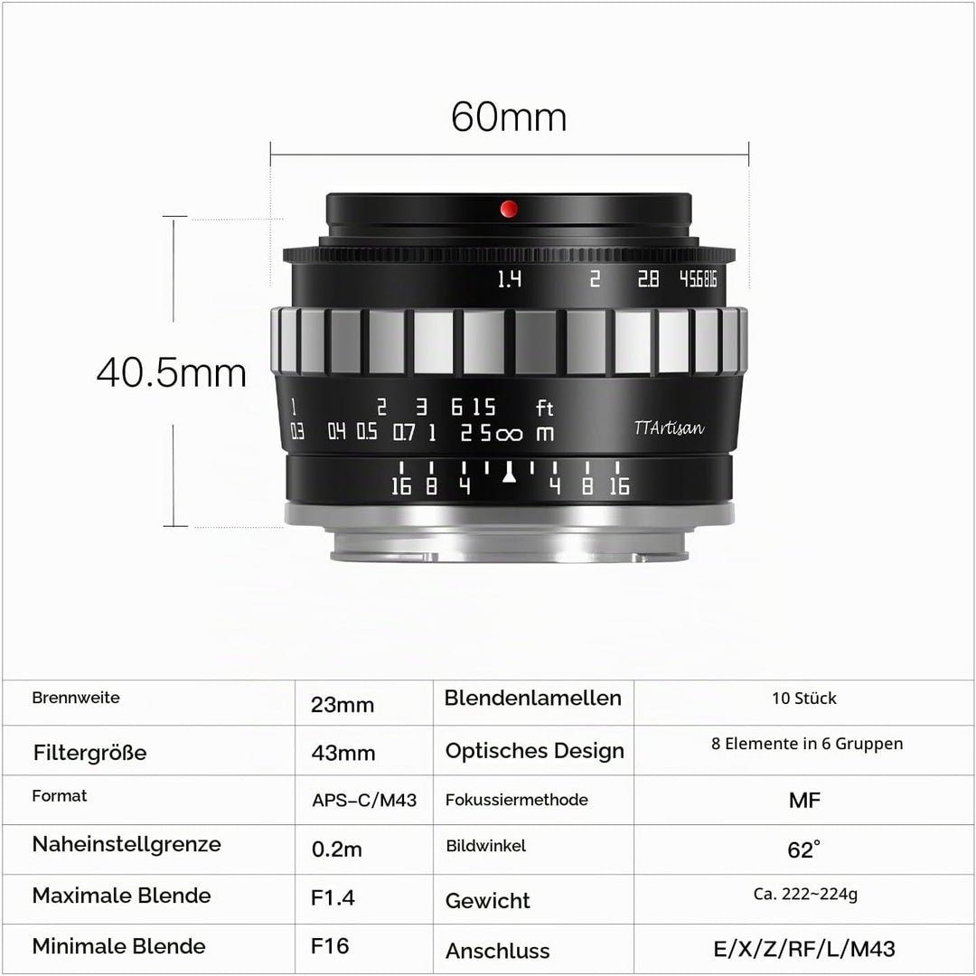 TTARTISAN 23 mm F1.4 APS-C manueller Fokus Kameraobjektiv für Sony E-Mount (E-Mount), Sony E