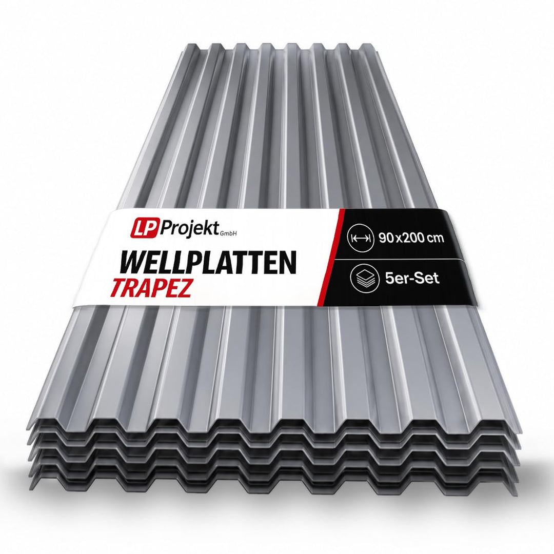 LP Projekt Kunststoffplatten 5er-Set - Robuste, leicht &amp; langlebig Trapez Grau Wellplatten Dach 90x2
