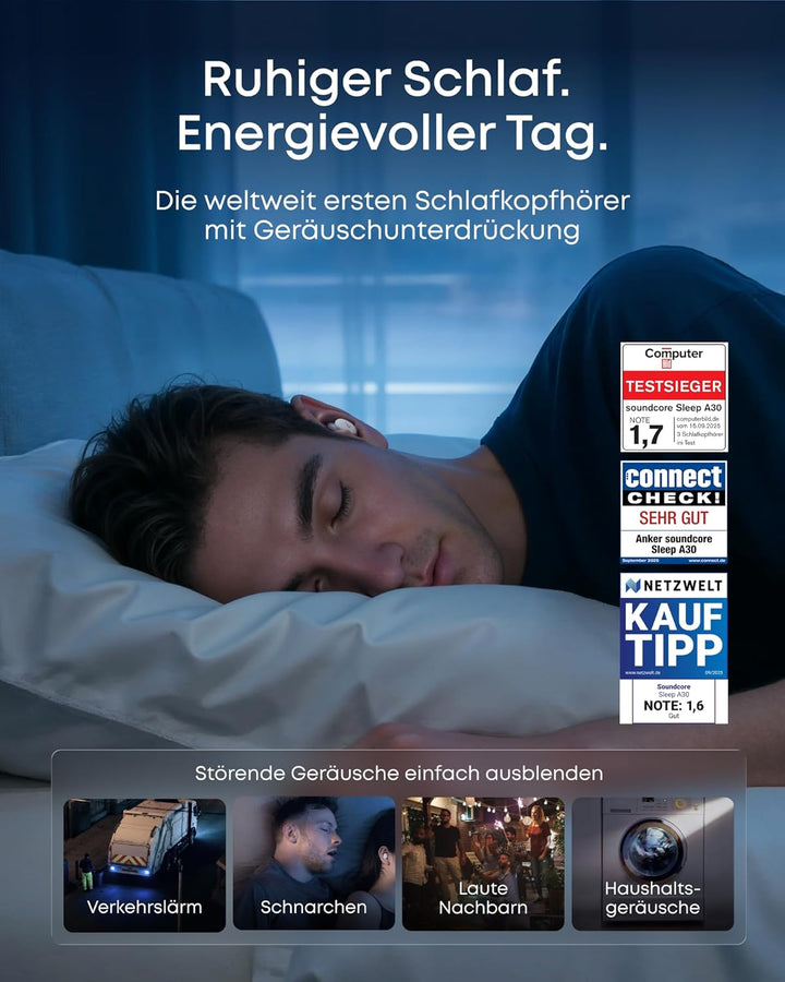 soundcore Sleep A30 von Anker, Schlafkopfhörer, Geräuschmaskierung, Bluetooth-Kopfhörer, adaptives S