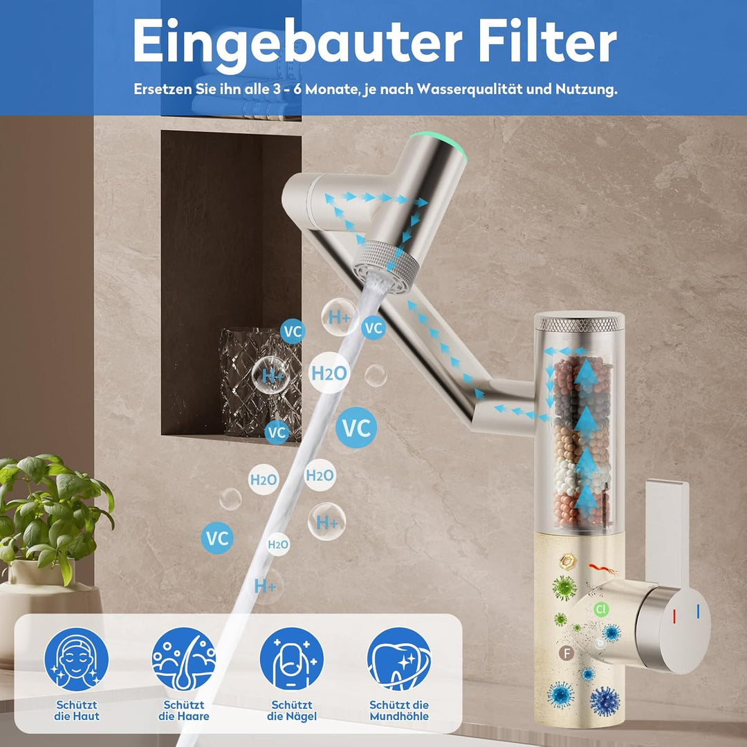 JONKEAN 1080 ° Drehbare Wasserhahn Bad mit Filter, Waschbecken Armaturen mit Temperaturanzeige, Einh