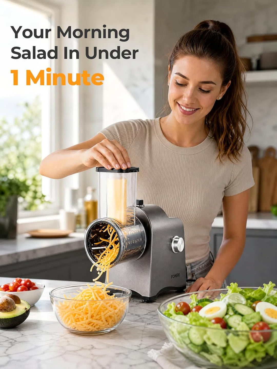 FOHERE Gemüseschneider Elektrisch Verbesserte, 6-in-1 | Gemüsehobel Elektrisch Reibe für Blockkäse,