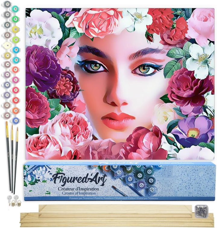 Figured'Art Malen Nach Zahlen Erwachsene Mit Rahmen Gesicht und Blumen - Paint by Numbers Basteln DI