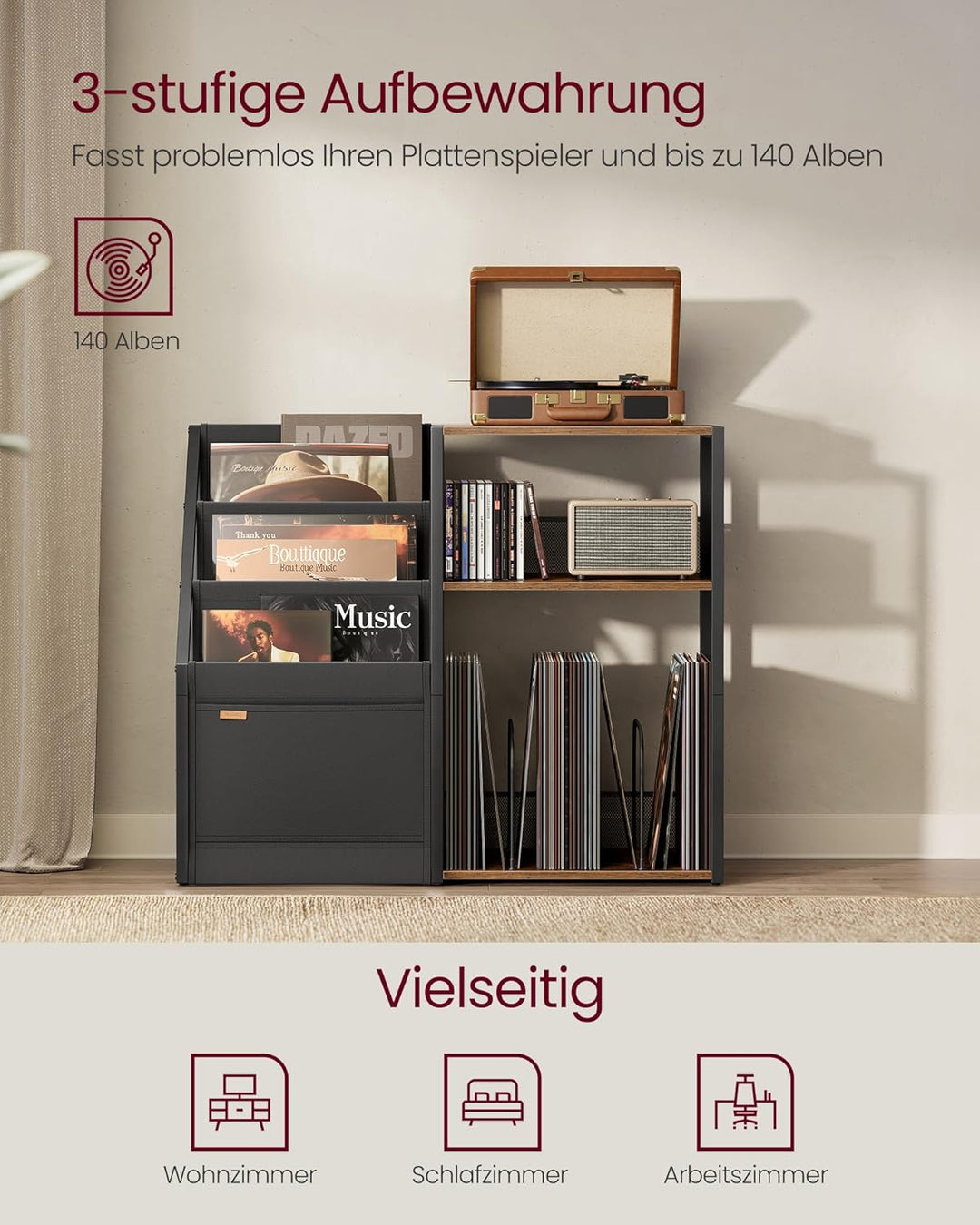 VASAGLE Plattenspieler-Ständer, 3 Etagen, Beistelltisch, Aufbewahrung von Schallplatten, bis zu 140