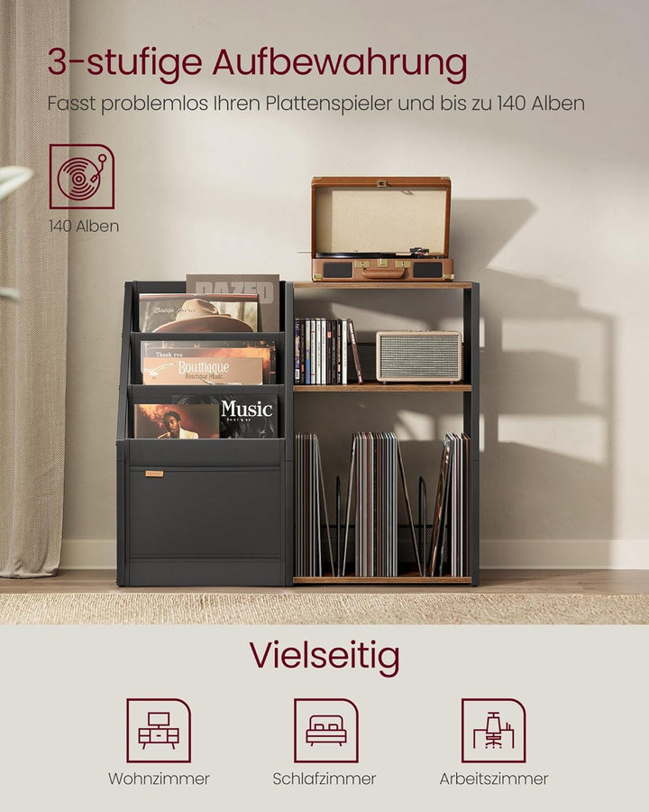 VASAGLE Plattenspieler-Ständer, 3 Etagen, Beistelltisch, Aufbewahrung von Schallplatten, bis zu 140