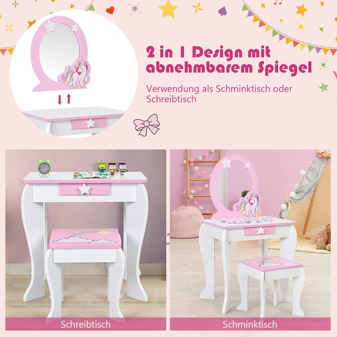 DREAMADE Kinder Schminktisch mit Hocker & Abnehmbarer Spiegel, Frisiertisch für Kinder, Frisierkommo