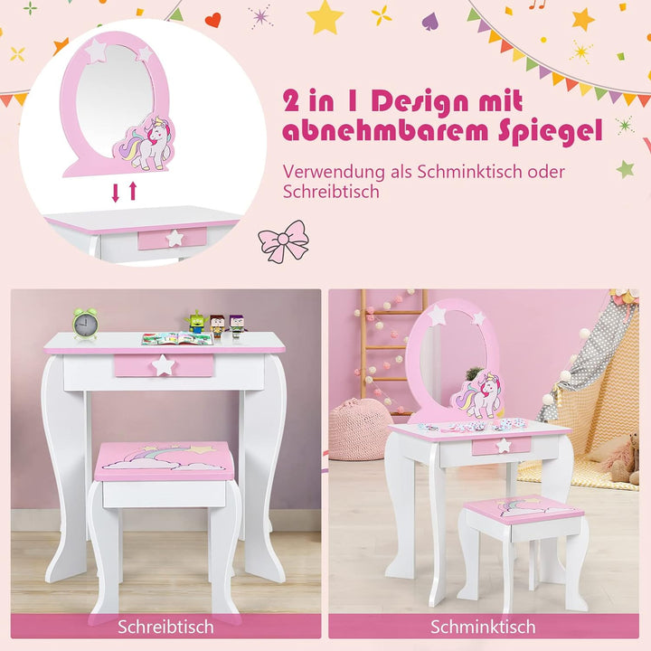 DREAMADE Kinder Schminktisch mit Hocker & Abnehmbarer Spiegel, Frisiertisch für Kinder, Frisierkommo