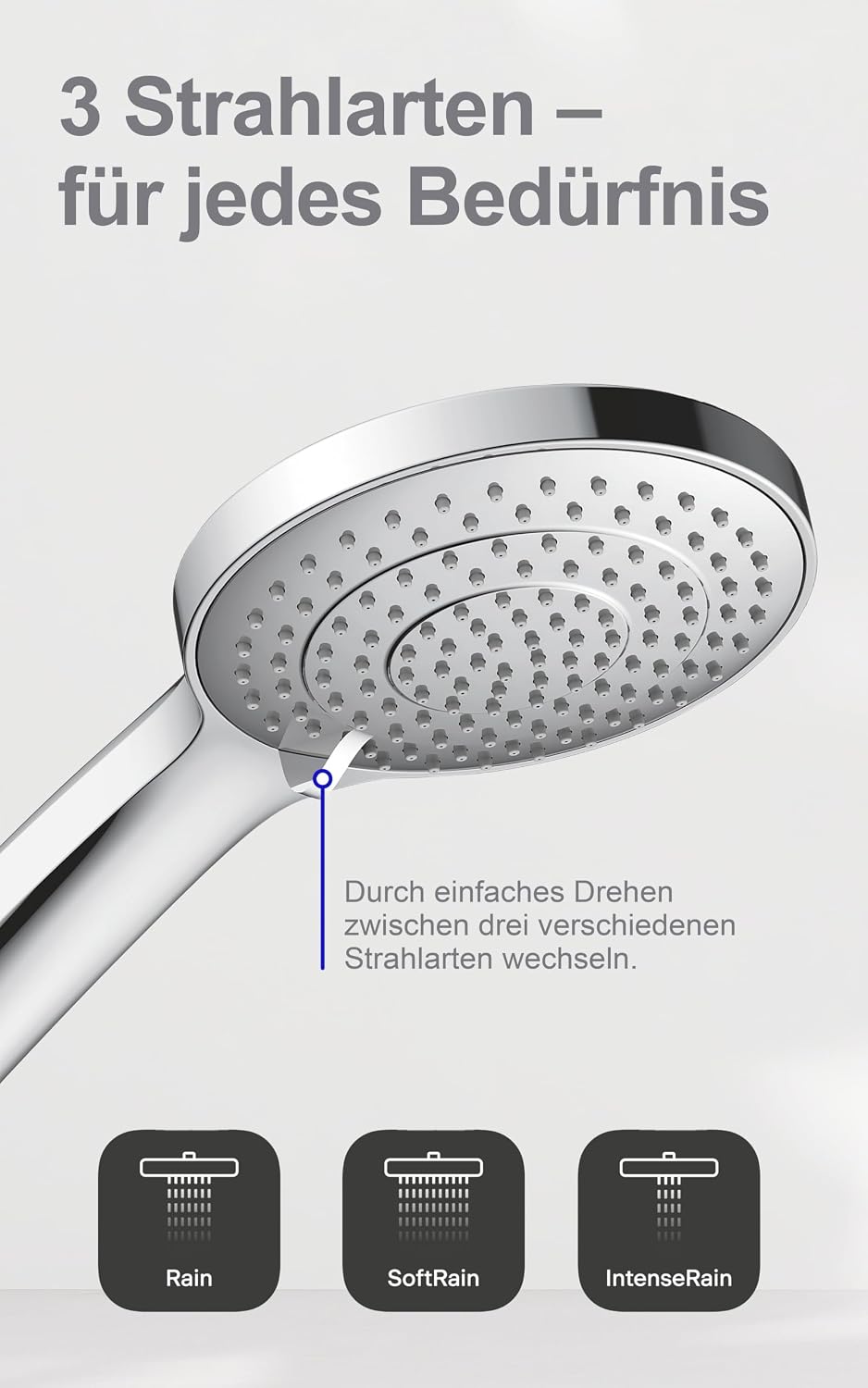 Duravit Universal Duschkopf, Duschbrause mit 3 Strahlarten (Rain, Intense Rain, Soft Rain), Handbrau