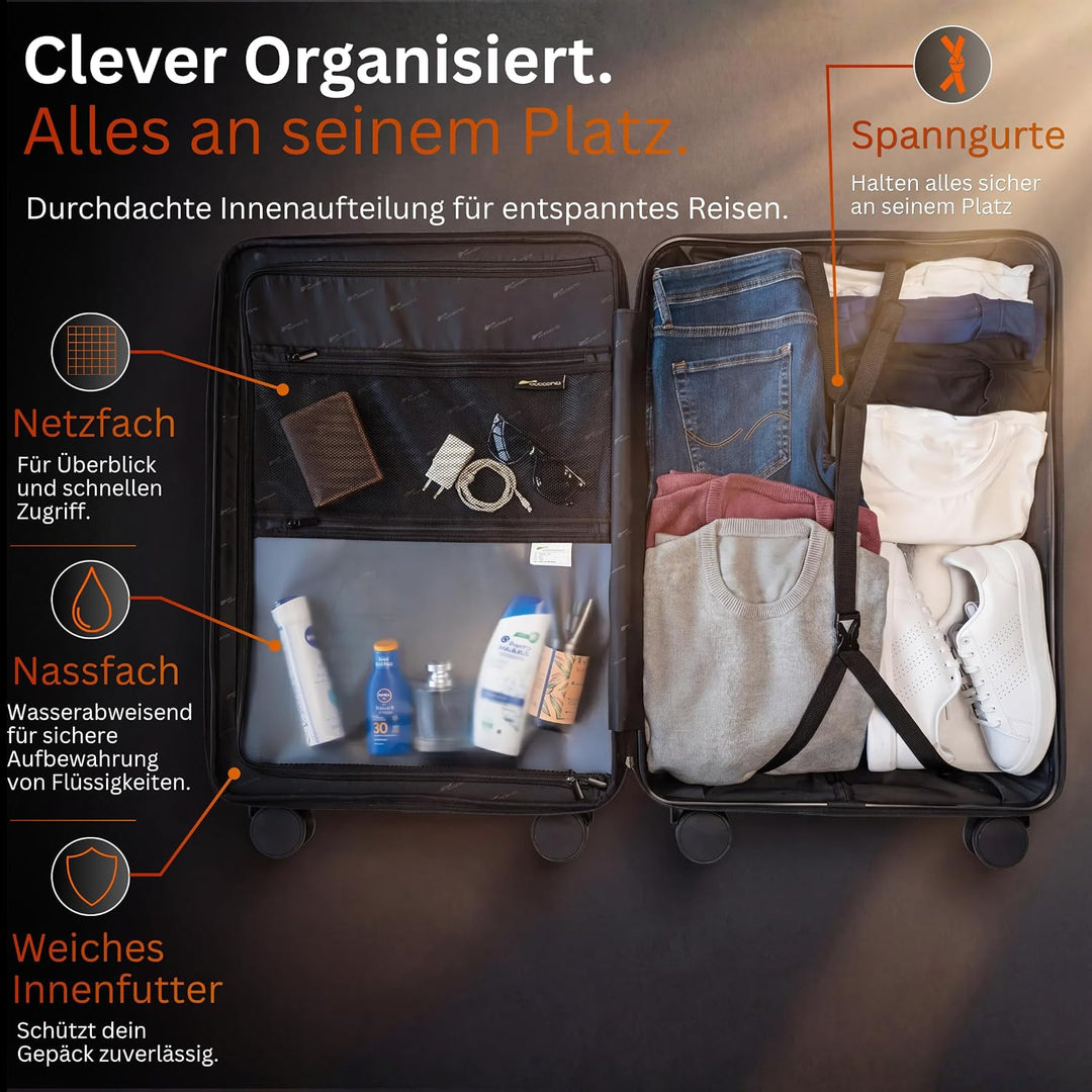 COCOONO Hartschalenkoffer Mittelgross – 60L - 67L Volumen – 8 Rollen 360° drehbar – Leichter ABS Kof