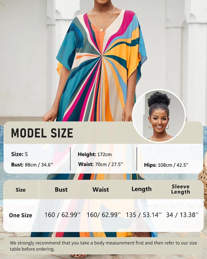 Bsubseach Damen Strandkleid Ethnic Print Kaftan Beach Maxi Kleider Blaue Geometrie, Blaue Geometrie