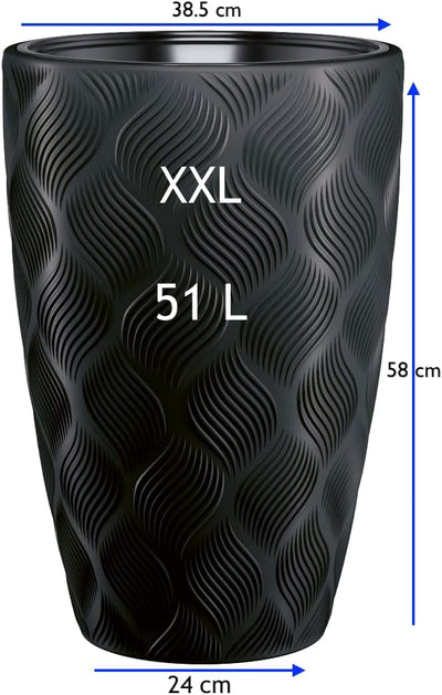 MELTOM Blumentopf mit Bewässerungssystem Rund Hoch 3D Effekt Dekorativ, Farbe: Schwarz, DxH: 39 x 58