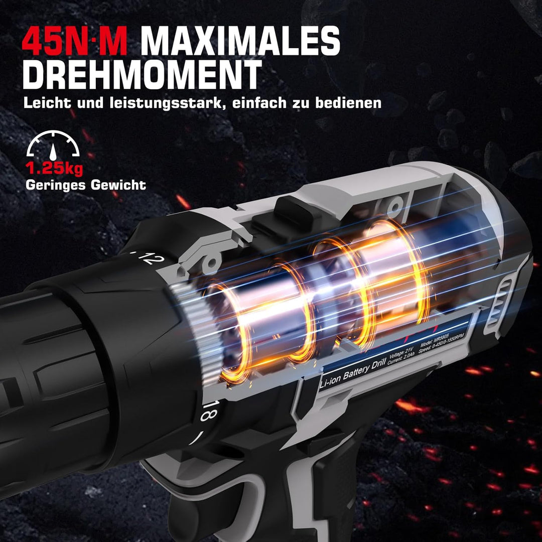 Akkuschrauber Set, 21V Akku Bohrschrauber - Sundpey 18+1 Akkubohrer mit 2 Akkus 2.0Ah, 45Nm Drehmome