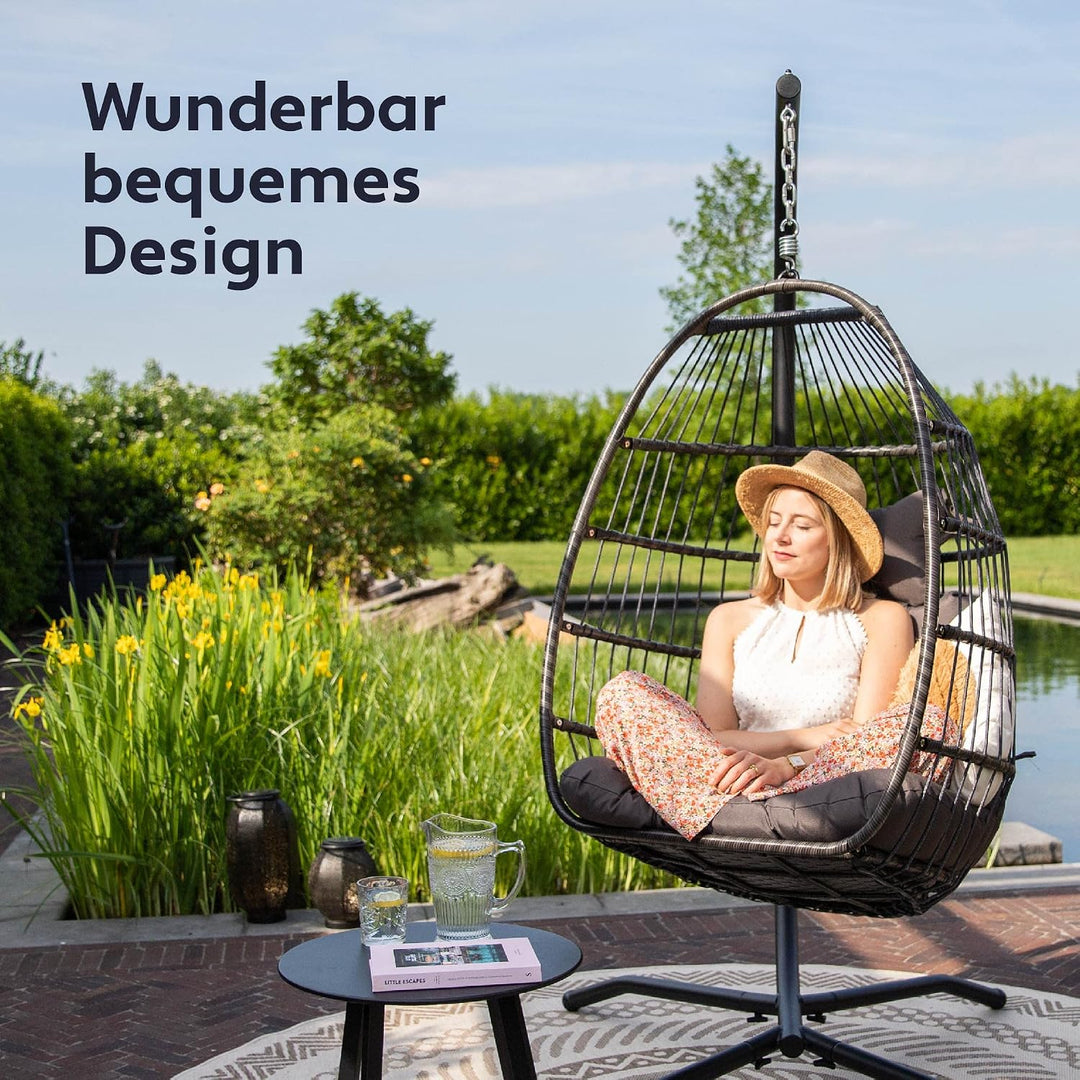 VITA5 Hängesessel mit Gestell - Rattan Egg Chair - Indoor &amp; Outdoor | Entspanne Stilvoll auf Balkon