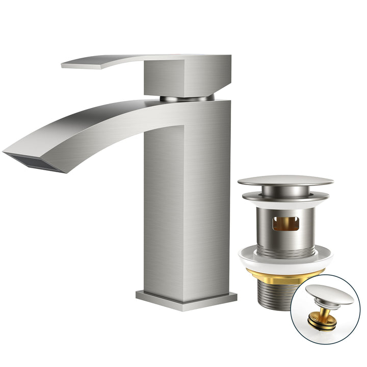 FORIOUS Wasserhahn Bad mit Ablaufgarnitur, Wasserfall Waschtischarmatur mit Auslauf Höhe 100 mm, Mis
