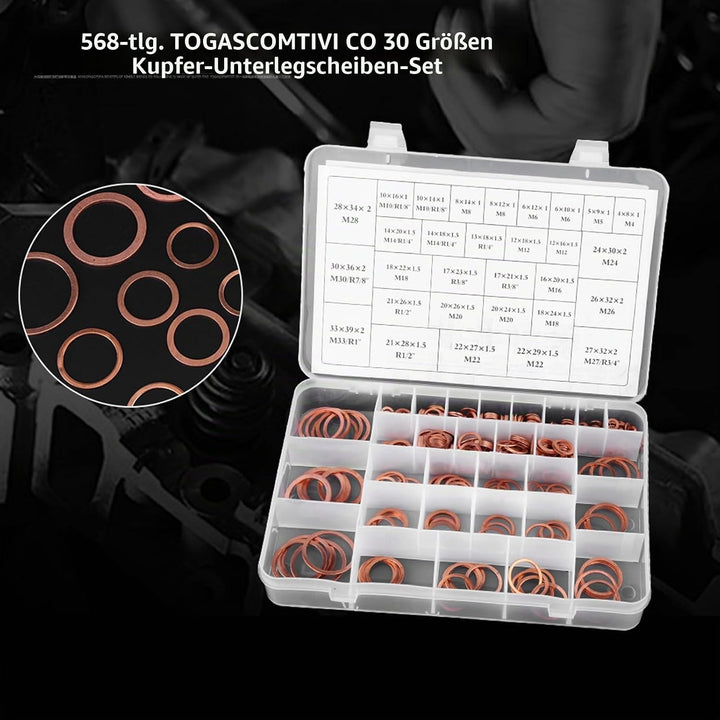 Kupfer Unterlegscheiben-Set, 568Stk. 30 Grössen O-Ring Kupferdichtungen Flachring-Set-Kit mit Kunsts