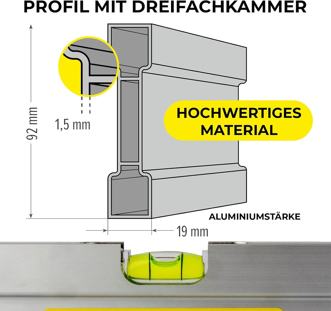 LAMEL Richtlatte 100 cm, mit Libellen und Griffen, eloxiertem Aluminium, verstärktes Profil, zum Ver