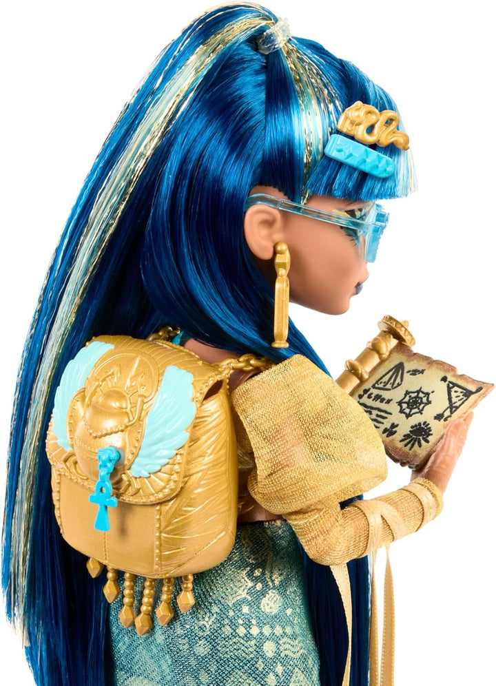 Monster High Cleo De Nile Puppe in Goldener Bluse und mehrlagigem Rock, enthält Haustier-Kobra Hisse