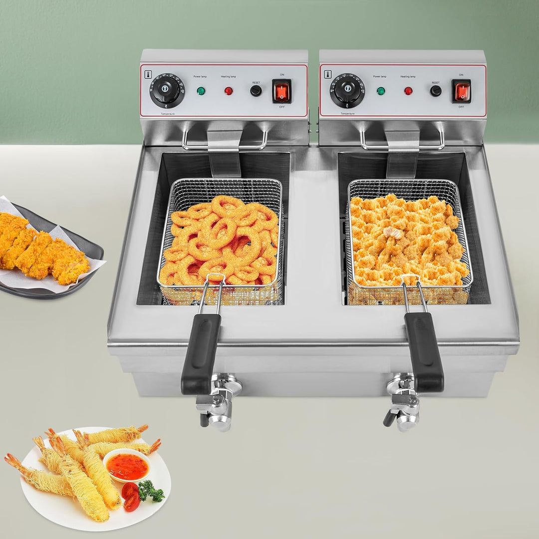 Elektrische Friteuse Gewerbliche, 6000W Küchenbratmaschine 2 * 10 L Körben, Einstellbare Temperatur