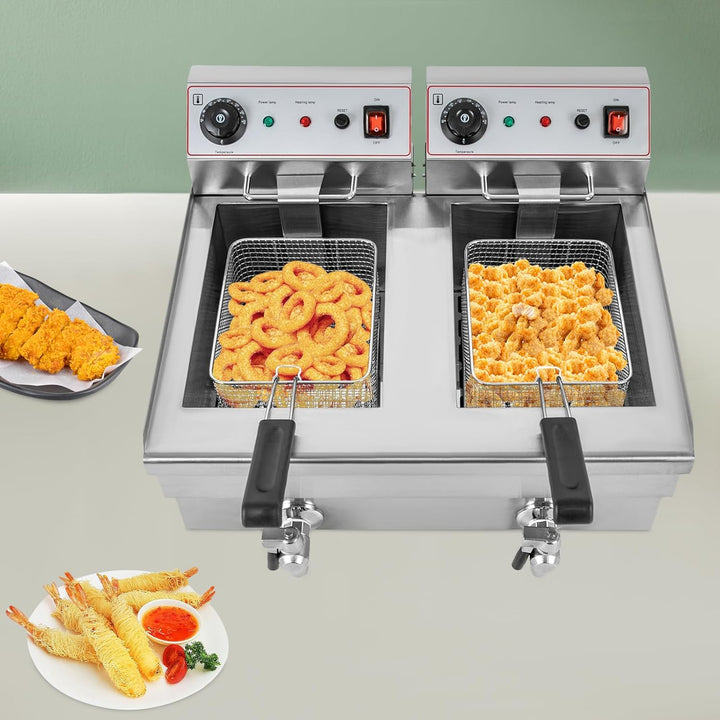Elektrische Friteuse Gewerbliche, 6000W Küchenbratmaschine 2 * 10 L Körben, Einstellbare Temperatur