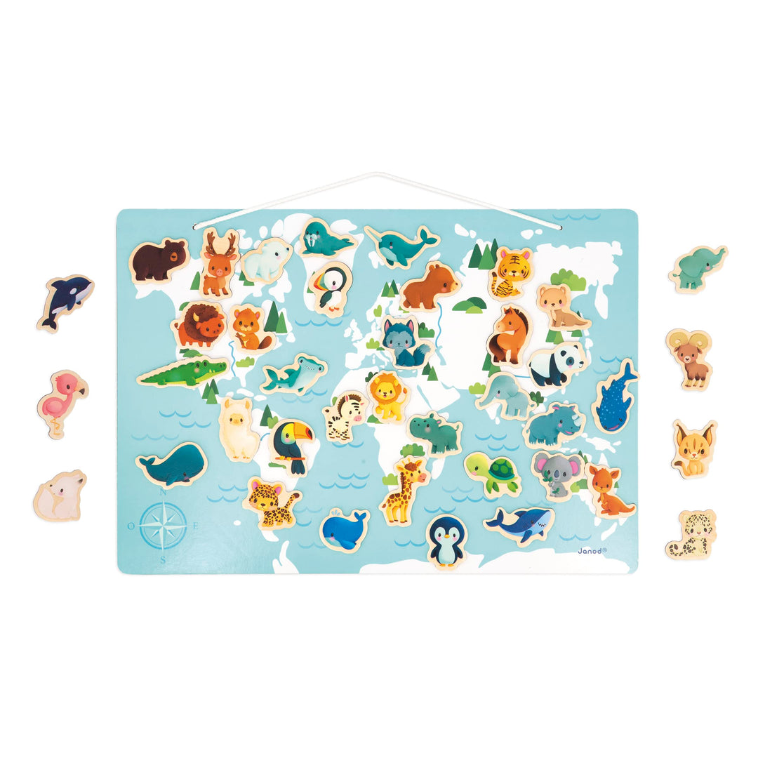 Janod - Minikids – Magnet-Puzzle der Welt - 40 Magnete aus FSC-Holz - Mit 1 Poster - Lernspiel - Mag
