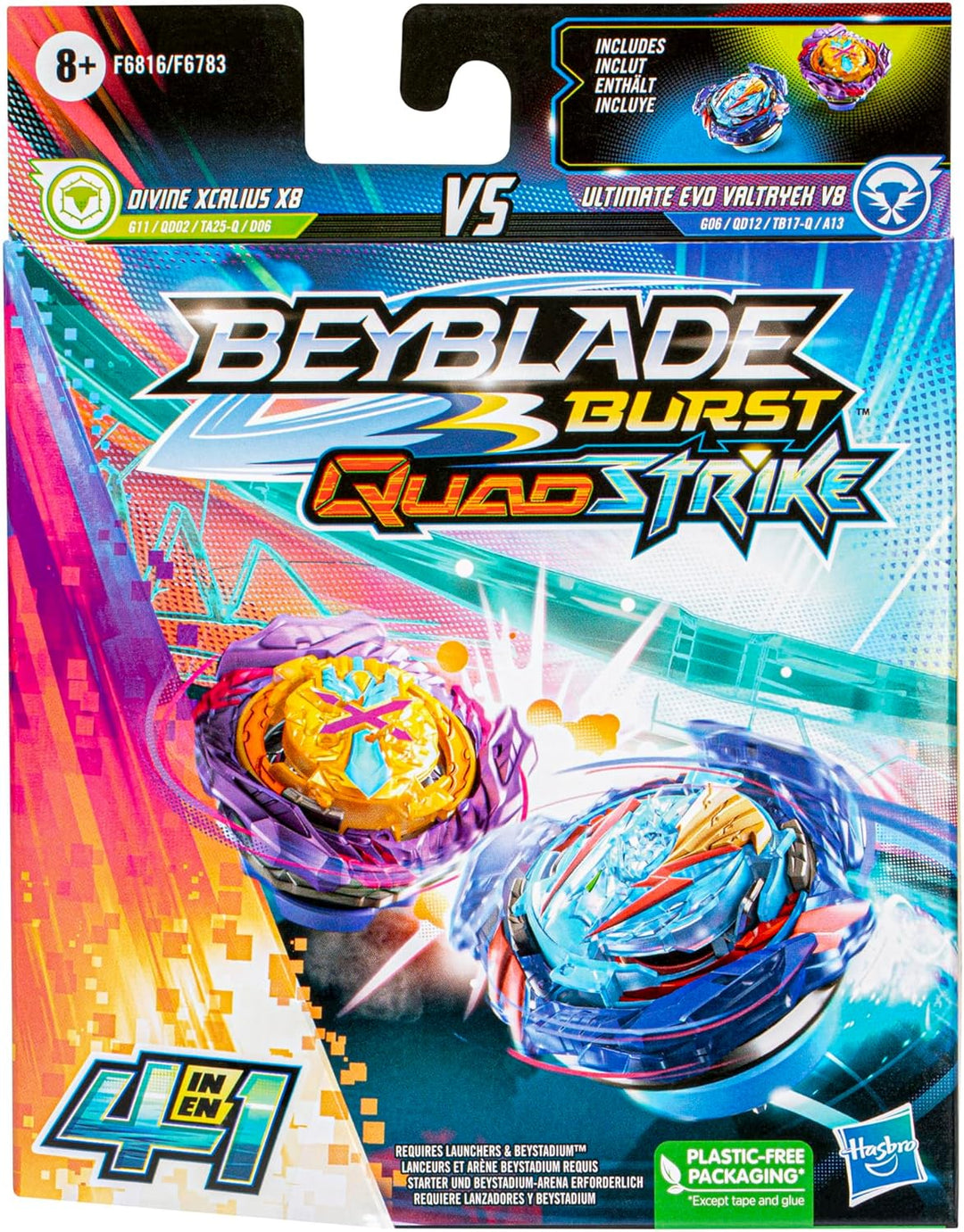 Beyblade Burst QuadStrike Ultimate Evo Valtryek V8 und Divine Xcalius X8 Kreisel Doppelpack, Battle