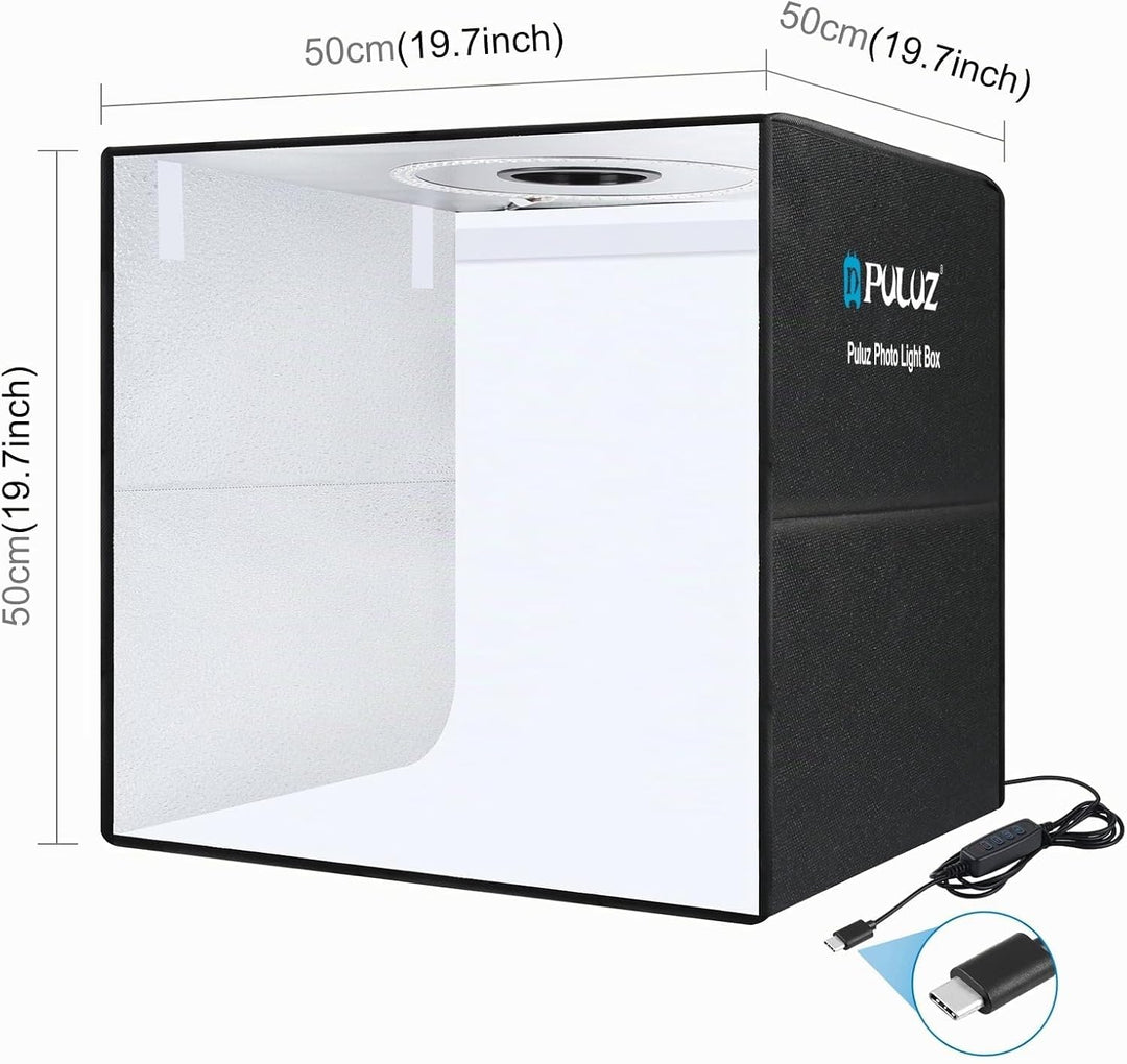 PULUZ Fotobox 50x50 cm Faltbares Fotostudio, 200 LEDs Dimmbarer Lichtkasten mit 12 Hintergründen für