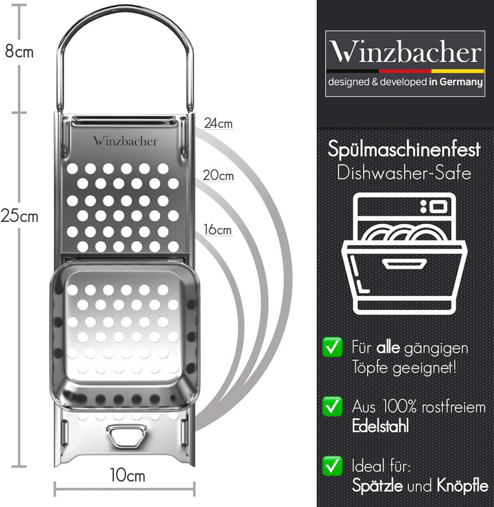 Winzbacher Edelstahl Spätzlehobel mit Teigschlitten [Topf Ø von 16-30cm] Spülmaschinenfest | Rostfre