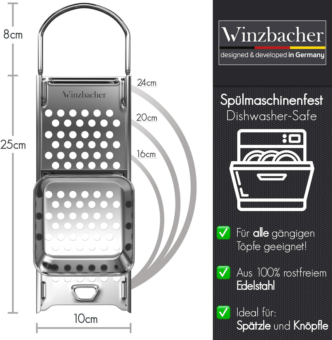 Winzbacher Edelstahl Spätzlehobel + Schöpflöffel [Topf Ø von 16-30cm] Spülmaschinenfest | Rostfrei |