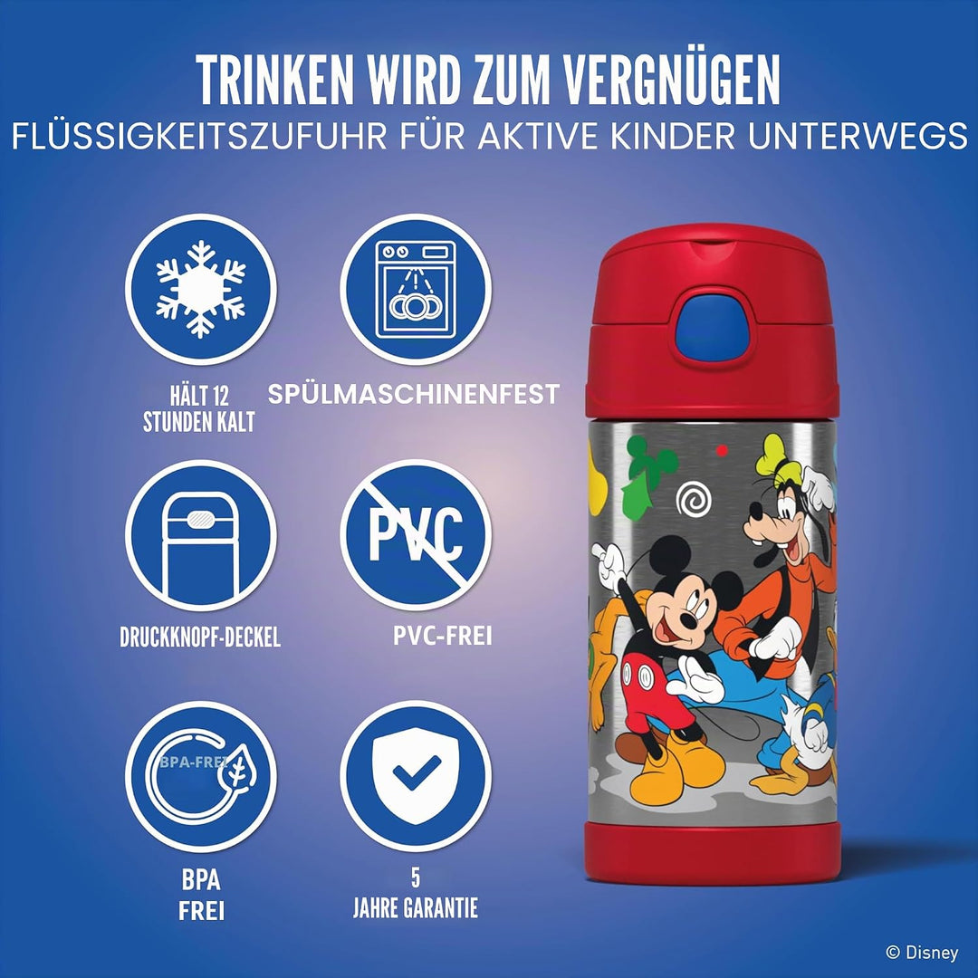 THERMOS kids FUNTAINER STRAW BOTTLE DISNEY 0,35 l, Mickey, Thermoflasche Kinder aus Edelstahl mit Tr
