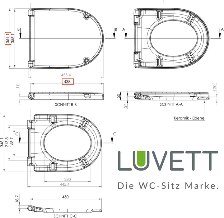 LUVETT® WC-Sitz mit Absenkautomatik D140 D-Form Soft Close® &amp; TakeOff EasyClean Abnahme, hygienisch