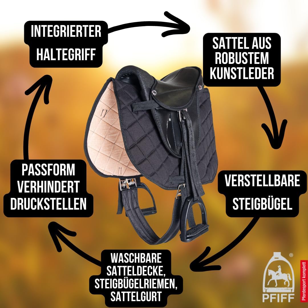 PFIFF 103106 Sattelset für Shettys oder Holzpferde, Komplettset, Kindersattel, Schwarz, Schwarz