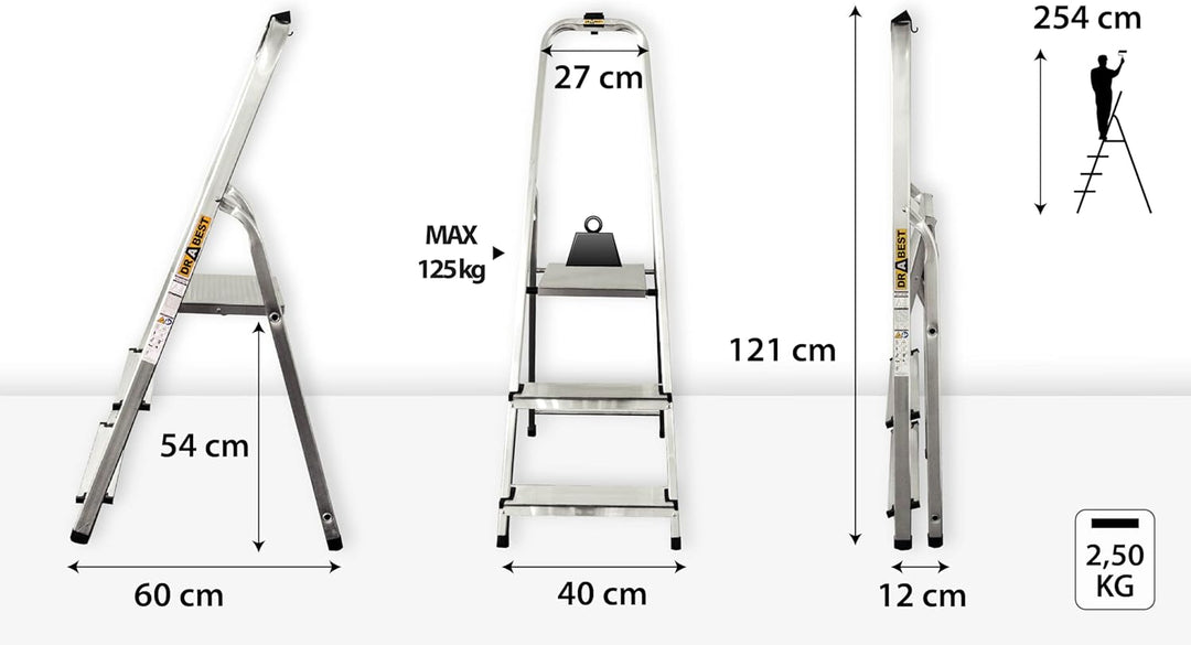 DRABEST Trittleiter 3 Stufen klappbar Alu Leiter mit Ablage Haushaltsleiter Belastbar bis 125 kg Ste