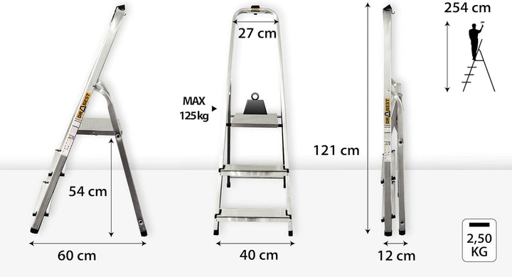 DRABEST Trittleiter 3 Stufen klappbar Alu Leiter mit Ablage Haushaltsleiter Belastbar bis 125 kg Ste