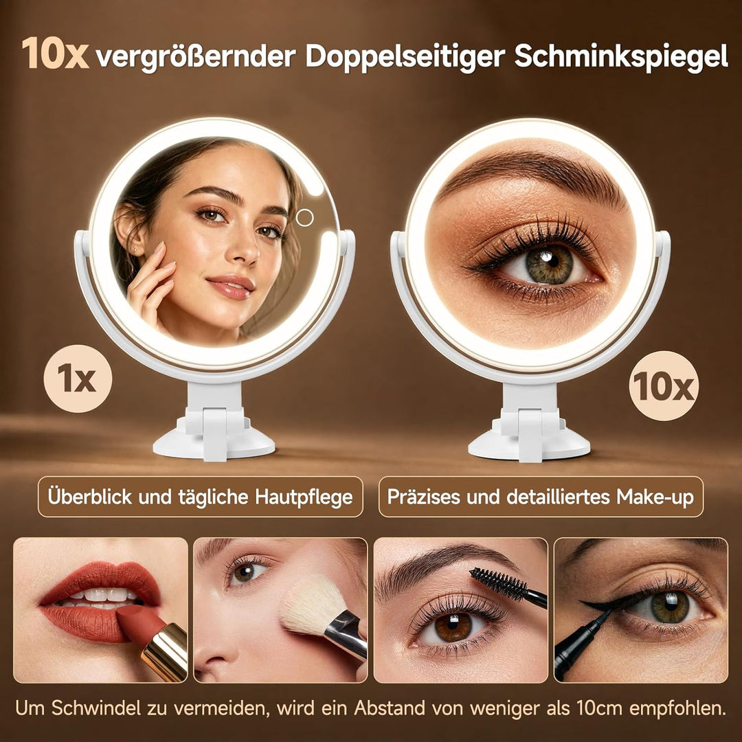 Kosmetikspiegel mit Beleuchtung, Doppelseitiger 1X / 10X Vergrösserungsspiegel mit Saugnapf, Wandver