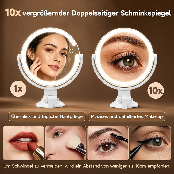 Kosmetikspiegel mit Beleuchtung, Doppelseitiger 1X / 10X Vergrösserungsspiegel mit Saugnapf, Wandver